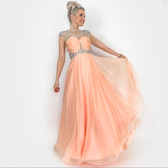 Peach Illusion Rhinestone Prom Pageant Dress - Picture 4 of 8